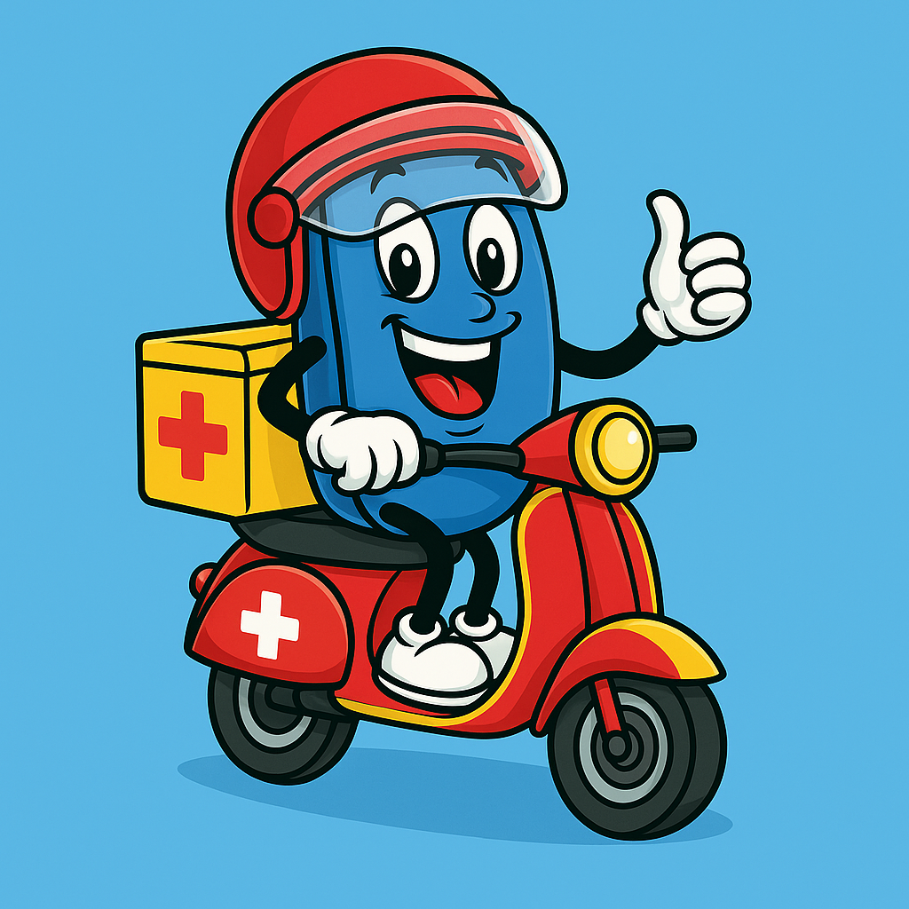 Mascote da Via Mais em uma moto de entrega